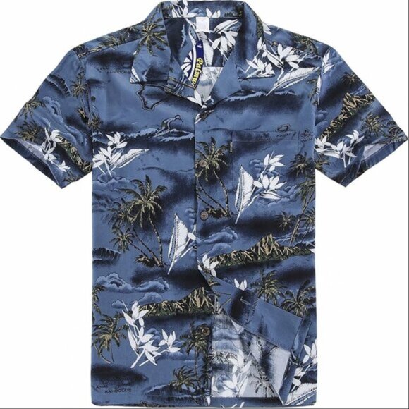 PalmWave Vintage Men's Hawaiian Palm Tree Waves Holiday Resort Aloha Shirt 2XL - Picture 1 of 9